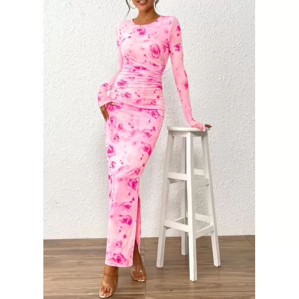 imagePRETTYGARDEN Womens Bodycon Maxi Dress Fall Fashion Long Sleeve Floral Print Tight Fitted Party Club Ruched DressesPink Red Floral