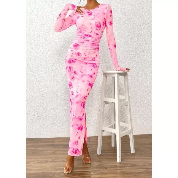 imagePRETTYGARDEN Womens Bodycon Maxi Dress Fall Fashion Long Sleeve Floral Print Tight Fitted Party Club Ruched DressesPink Red Floral