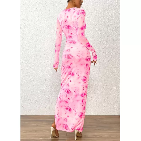 imagePRETTYGARDEN Womens Bodycon Maxi Dress Fall Fashion Long Sleeve Floral Print Tight Fitted Party Club Ruched DressesPink Red Floral