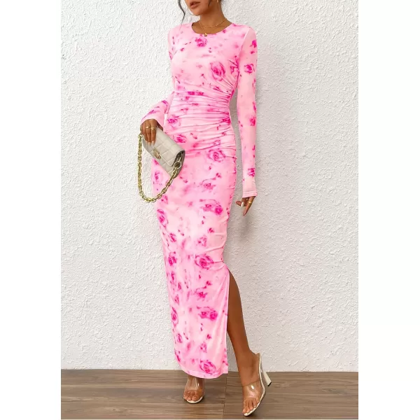imagePRETTYGARDEN Womens Bodycon Maxi Dress Fall Fashion Long Sleeve Floral Print Tight Fitted Party Club Ruched DressesPink Red Floral