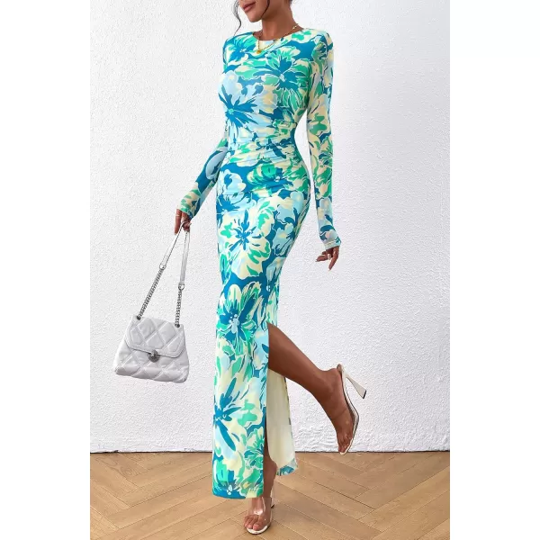 imagePRETTYGARDEN Womens Bodycon Maxi Dress Fall Fashion Long Sleeve Floral Print Tight Fitted Party Club Ruched DressesPrint Blue