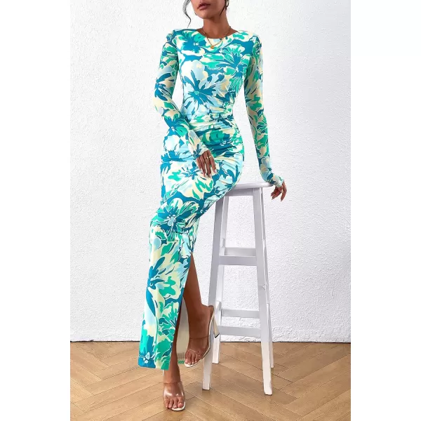 imagePRETTYGARDEN Womens Bodycon Maxi Dress Fall Fashion Long Sleeve Floral Print Tight Fitted Party Club Ruched DressesPrint Blue