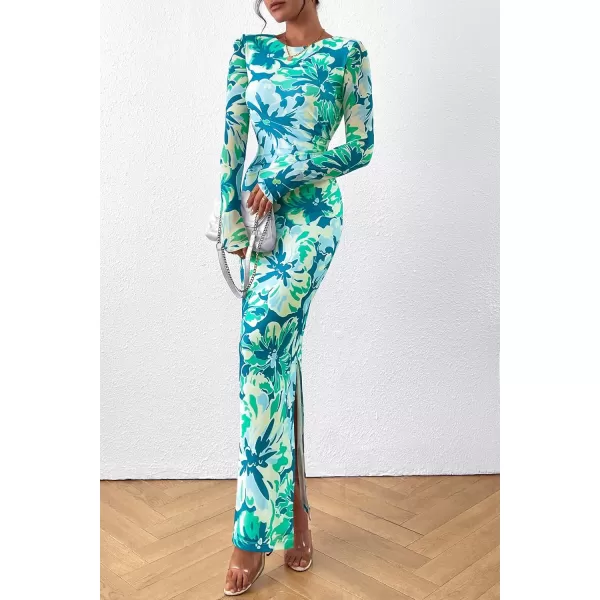 imagePRETTYGARDEN Womens Bodycon Maxi Dress Fall Fashion Long Sleeve Floral Print Tight Fitted Party Club Ruched DressesPrint Blue