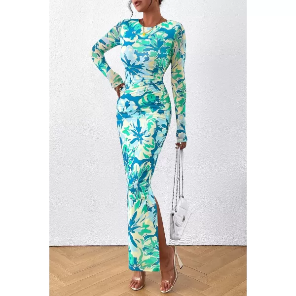 imagePRETTYGARDEN Womens Bodycon Maxi Dress Fall Fashion Long Sleeve Floral Print Tight Fitted Party Club Ruched DressesPrint Blue