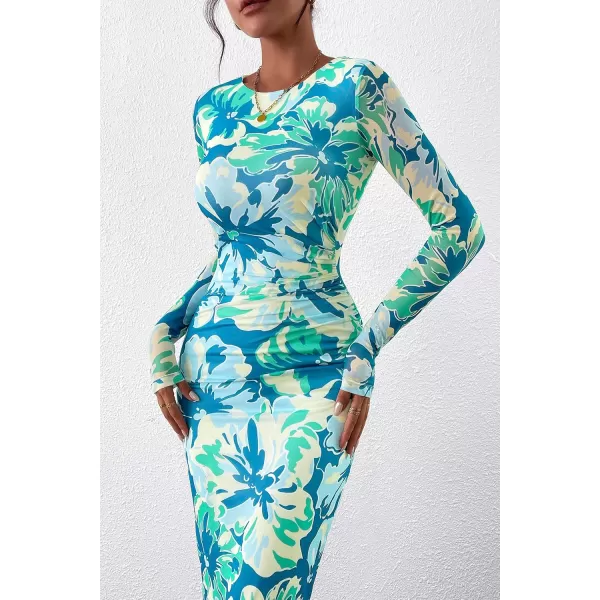 imagePRETTYGARDEN Womens Bodycon Maxi Dress Fall Fashion Long Sleeve Floral Print Tight Fitted Party Club Ruched DressesPrint Blue