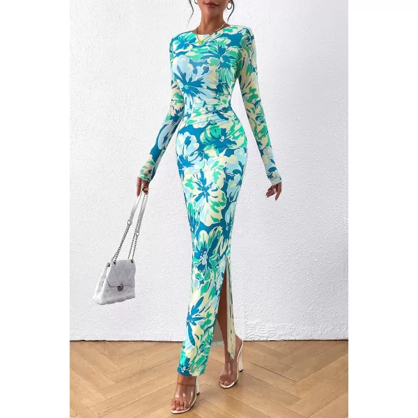 imagePRETTYGARDEN Womens Bodycon Maxi Dress Fall Fashion Long Sleeve Floral Print Tight Fitted Party Club Ruched DressesPrint Blue