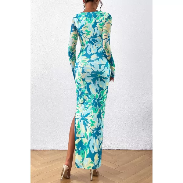 imagePRETTYGARDEN Womens Bodycon Maxi Dress Fall Fashion Long Sleeve Floral Print Tight Fitted Party Club Ruched DressesPrint Blue