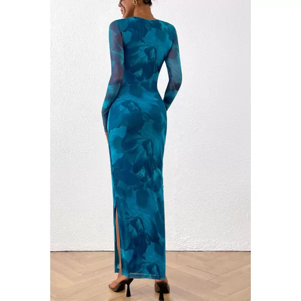 imagePRETTYGARDEN Womens Bodycon Maxi Dress Fall Fashion Long Sleeve Floral Print Tight Fitted Party Club Ruched DressesPrint Blue Green