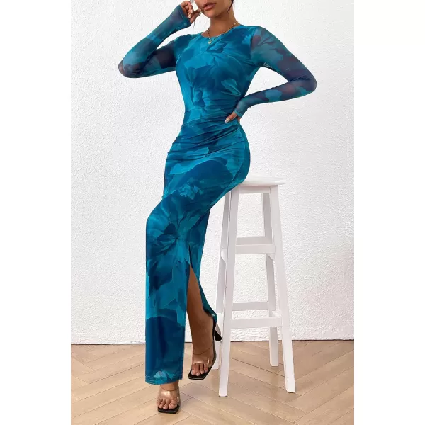 imagePRETTYGARDEN Womens Bodycon Maxi Dress Fall Fashion Long Sleeve Floral Print Tight Fitted Party Club Ruched DressesPrint Blue Green