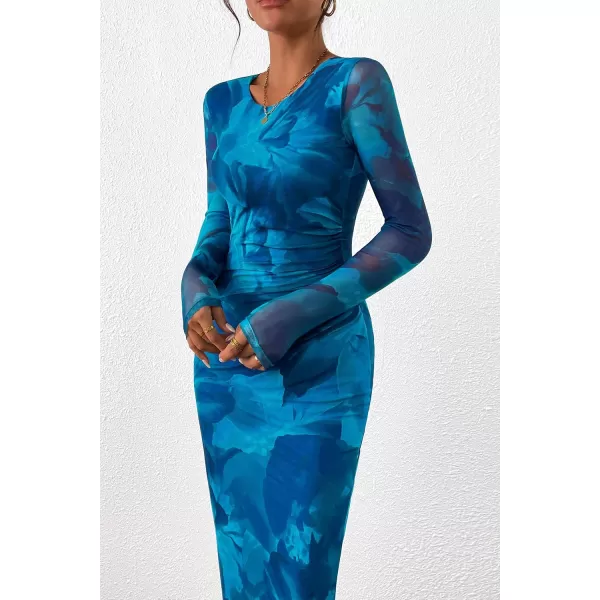 imagePRETTYGARDEN Womens Bodycon Maxi Dress Fall Fashion Long Sleeve Floral Print Tight Fitted Party Club Ruched DressesPrint Blue Green
