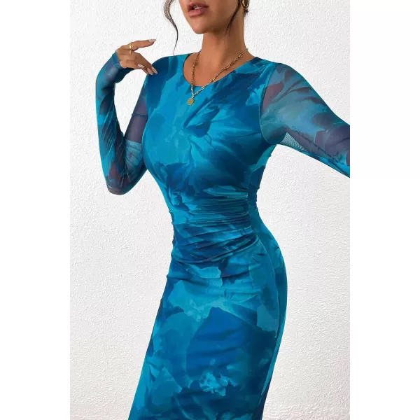 imagePRETTYGARDEN Womens Bodycon Maxi Dress Fall Fashion Long Sleeve Floral Print Tight Fitted Party Club Ruched DressesPrint Blue Green