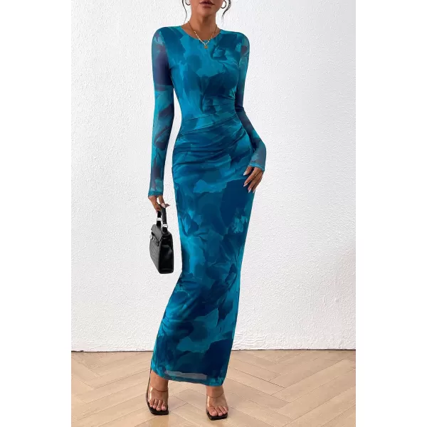 imagePRETTYGARDEN Womens Bodycon Maxi Dress Fall Fashion Long Sleeve Floral Print Tight Fitted Party Club Ruched DressesPrint Blue Green