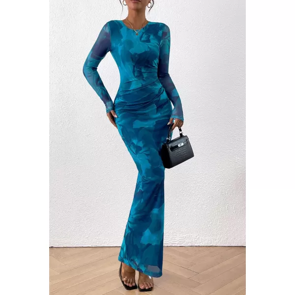 imagePRETTYGARDEN Womens Bodycon Maxi Dress Fall Fashion Long Sleeve Floral Print Tight Fitted Party Club Ruched DressesPrint Blue Green