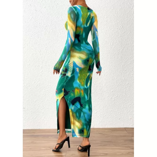 imagePRETTYGARDEN Womens Bodycon Maxi Dress Fall Fashion Long Sleeve Floral Print Tight Fitted Party Club Ruched DressesPrint Green
