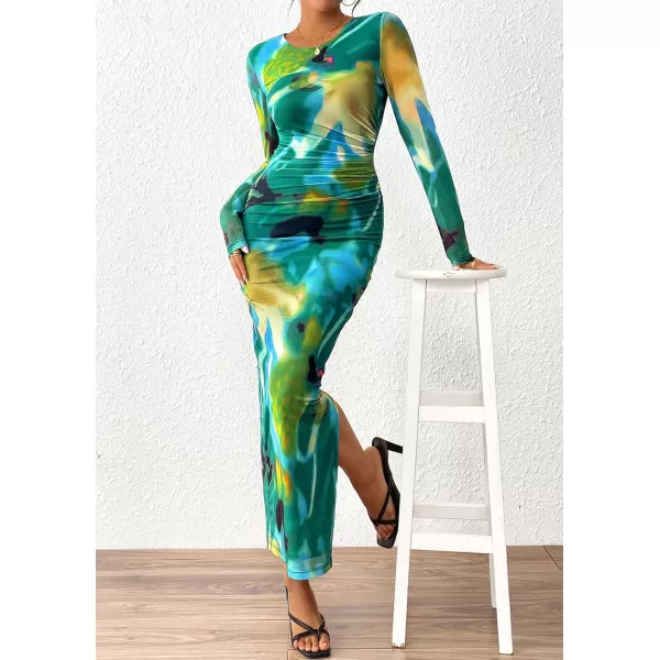 imagePRETTYGARDEN Womens Bodycon Maxi Dress Fall Fashion Long Sleeve Floral Print Tight Fitted Party Club Ruched DressesPrint Green