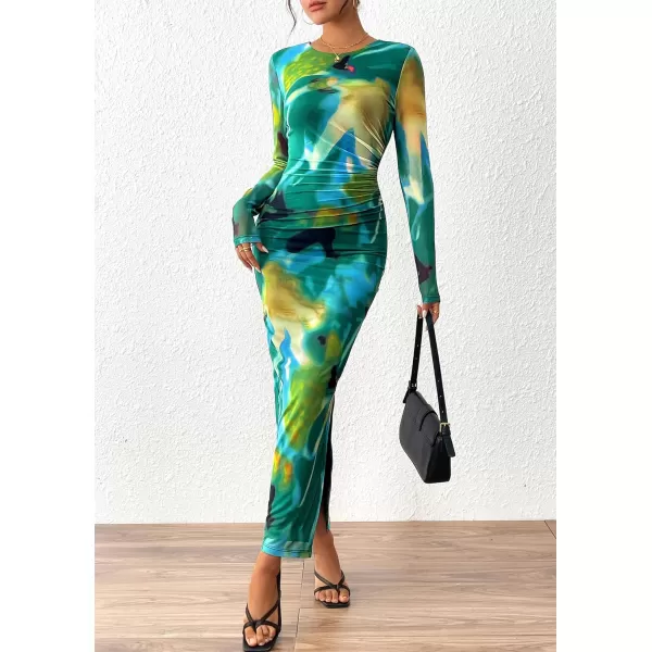 imagePRETTYGARDEN Womens Bodycon Maxi Dress Fall Fashion Long Sleeve Floral Print Tight Fitted Party Club Ruched DressesPrint Green