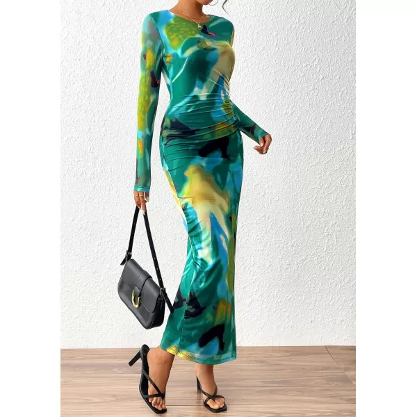 imagePRETTYGARDEN Womens Bodycon Maxi Dress Fall Fashion Long Sleeve Floral Print Tight Fitted Party Club Ruched DressesPrint Green