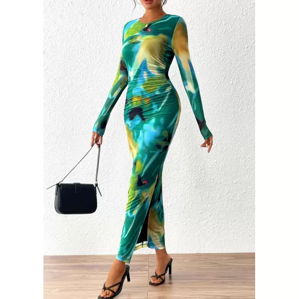 imagePRETTYGARDEN Womens Bodycon Maxi Dress Fall Fashion Long Sleeve Floral Print Tight Fitted Party Club Ruched DressesPrint Green