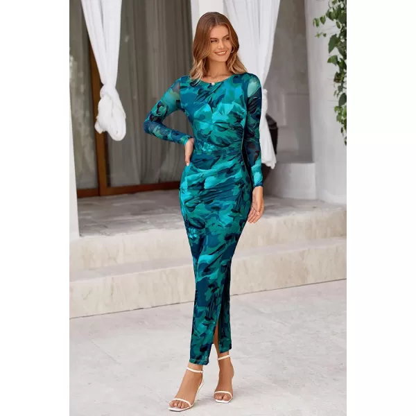 imagePRETTYGARDEN Womens Bodycon Maxi Dress Fall Fashion Long Sleeve Floral Print Tight Fitted Party Club Ruched DressesPrint Lake Blue