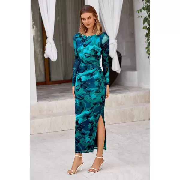 imagePRETTYGARDEN Womens Bodycon Maxi Dress Fall Fashion Long Sleeve Floral Print Tight Fitted Party Club Ruched DressesPrint Lake Blue