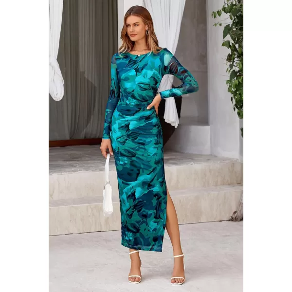 imagePRETTYGARDEN Womens Bodycon Maxi Dress Fall Fashion Long Sleeve Floral Print Tight Fitted Party Club Ruched DressesPrint Lake Blue
