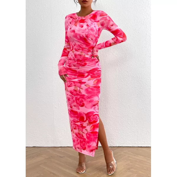 imagePRETTYGARDEN Womens Bodycon Maxi Dress Fall Fashion Long Sleeve Floral Print Tight Fitted Party Club Ruched DressesPrint Pink