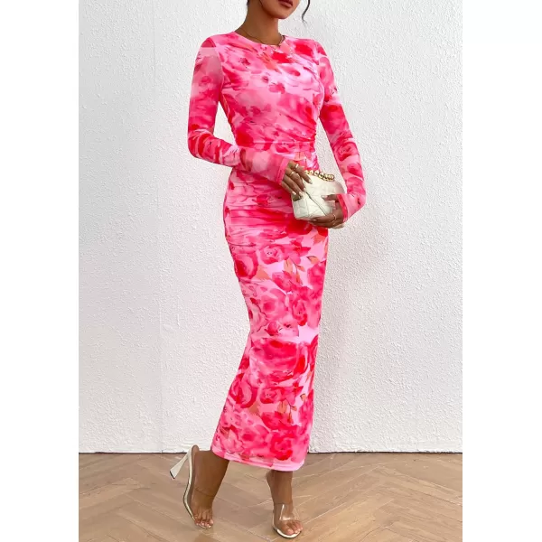 imagePRETTYGARDEN Womens Bodycon Maxi Dress Fall Fashion Long Sleeve Floral Print Tight Fitted Party Club Ruched DressesPrint Pink