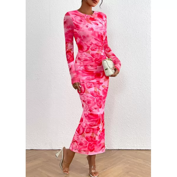 imagePRETTYGARDEN Womens Bodycon Maxi Dress Fall Fashion Long Sleeve Floral Print Tight Fitted Party Club Ruched DressesPrint Pink