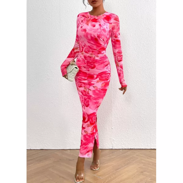 imagePRETTYGARDEN Womens Bodycon Maxi Dress Fall Fashion Long Sleeve Floral Print Tight Fitted Party Club Ruched DressesPrint Pink