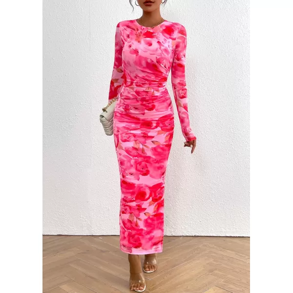 imagePRETTYGARDEN Womens Bodycon Maxi Dress Fall Fashion Long Sleeve Floral Print Tight Fitted Party Club Ruched DressesPrint Pink