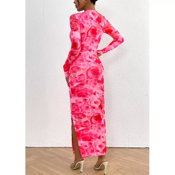 imagePRETTYGARDEN Womens Bodycon Maxi Dress Fall Fashion Long Sleeve Floral Print Tight Fitted Party Club Ruched DressesPrint Pink