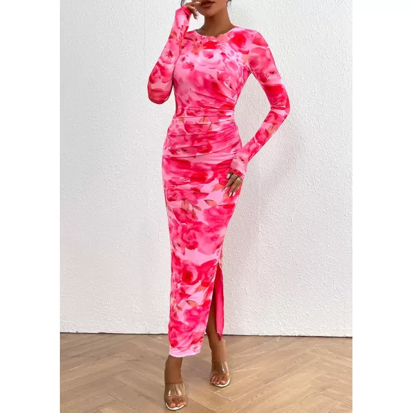 imagePRETTYGARDEN Womens Bodycon Maxi Dress Fall Fashion Long Sleeve Floral Print Tight Fitted Party Club Ruched DressesPrint Pink