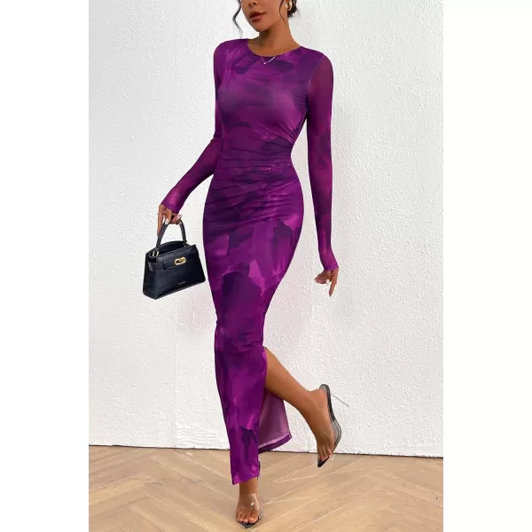 imagePRETTYGARDEN Womens Bodycon Maxi Dress Fall Fashion Long Sleeve Floral Print Tight Fitted Party Club Ruched DressesPrint Purple