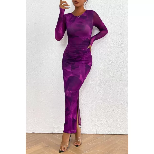 imagePRETTYGARDEN Womens Bodycon Maxi Dress Fall Fashion Long Sleeve Floral Print Tight Fitted Party Club Ruched DressesPrint Purple