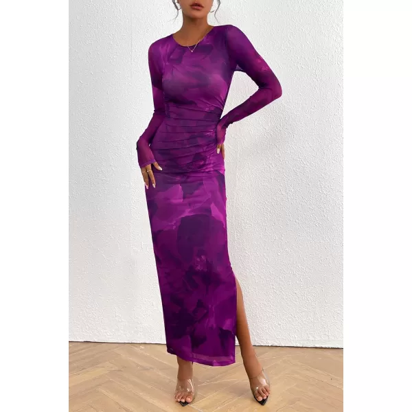 imagePRETTYGARDEN Womens Bodycon Maxi Dress Fall Fashion Long Sleeve Floral Print Tight Fitted Party Club Ruched DressesPrint Purple