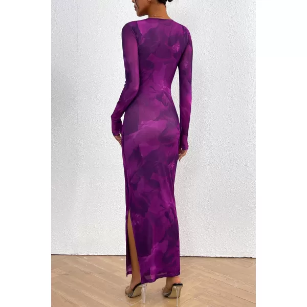 imagePRETTYGARDEN Womens Bodycon Maxi Dress Fall Fashion Long Sleeve Floral Print Tight Fitted Party Club Ruched DressesPrint Purple