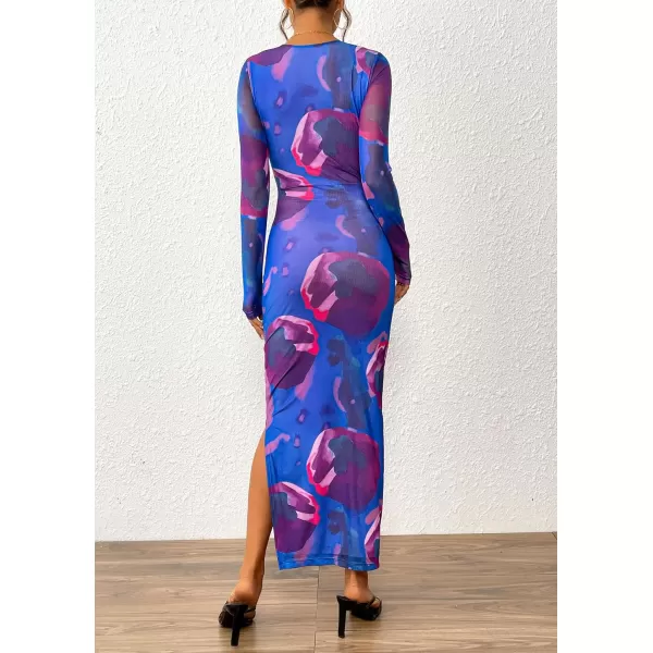 imagePRETTYGARDEN Womens Bodycon Maxi Dress Fall Fashion Long Sleeve Floral Print Tight Fitted Party Club Ruched DressesPurple Blue