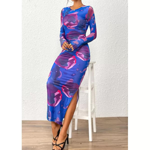 imagePRETTYGARDEN Womens Bodycon Maxi Dress Fall Fashion Long Sleeve Floral Print Tight Fitted Party Club Ruched DressesPurple Blue