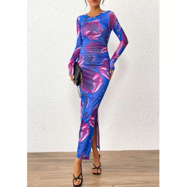 imagePRETTYGARDEN Womens Bodycon Maxi Dress Fall Fashion Long Sleeve Floral Print Tight Fitted Party Club Ruched DressesPurple Blue