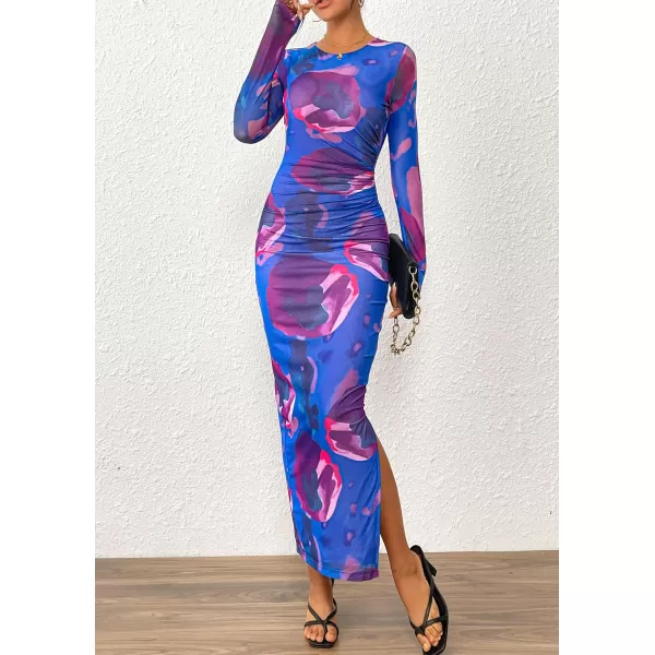 imagePRETTYGARDEN Womens Bodycon Maxi Dress Fall Fashion Long Sleeve Floral Print Tight Fitted Party Club Ruched DressesPurple Blue