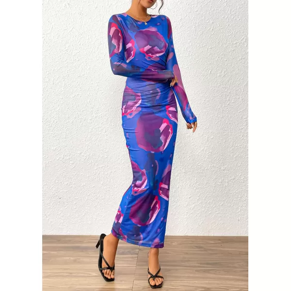 imagePRETTYGARDEN Womens Bodycon Maxi Dress Fall Fashion Long Sleeve Floral Print Tight Fitted Party Club Ruched DressesPurple Blue