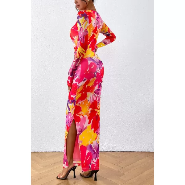 imagePRETTYGARDEN Womens Bodycon Maxi Dress Fall Fashion Long Sleeve Floral Print Tight Fitted Party Club Ruched DressesRed Purple Floral