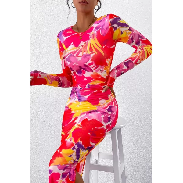 imagePRETTYGARDEN Womens Bodycon Maxi Dress Fall Fashion Long Sleeve Floral Print Tight Fitted Party Club Ruched DressesRed Purple Floral