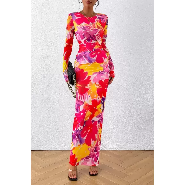 imagePRETTYGARDEN Womens Bodycon Maxi Dress Fall Fashion Long Sleeve Floral Print Tight Fitted Party Club Ruched DressesRed Purple Floral