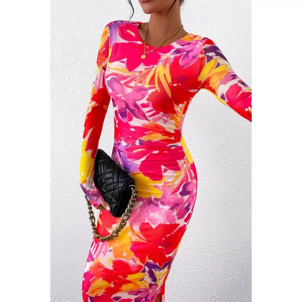 imagePRETTYGARDEN Womens Bodycon Maxi Dress Fall Fashion Long Sleeve Floral Print Tight Fitted Party Club Ruched DressesRed Purple Floral