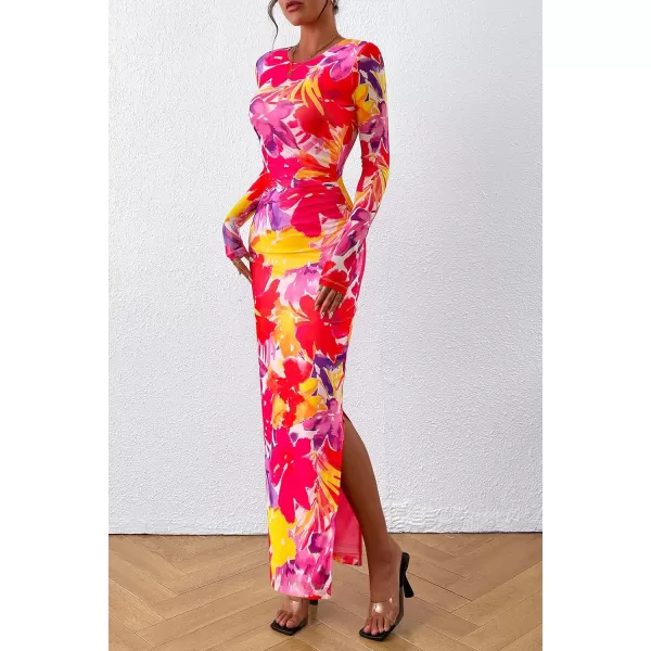imagePRETTYGARDEN Womens Bodycon Maxi Dress Fall Fashion Long Sleeve Floral Print Tight Fitted Party Club Ruched DressesRed Purple Floral