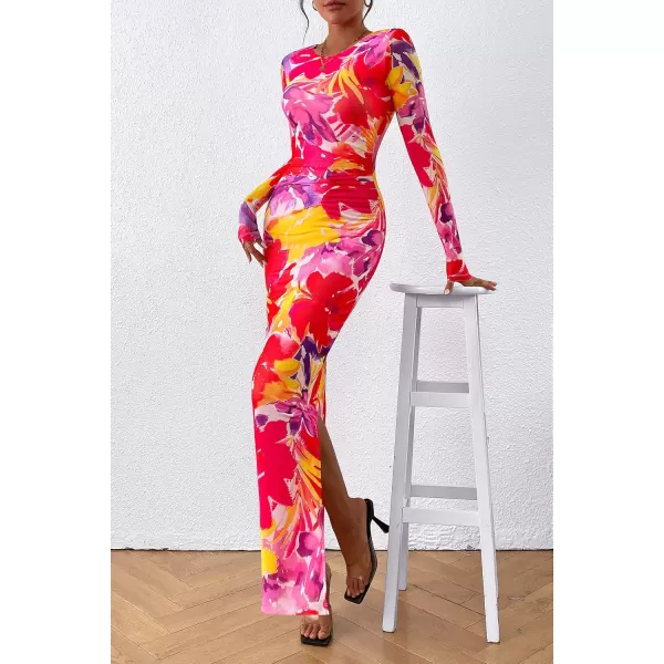 imagePRETTYGARDEN Womens Bodycon Maxi Dress Fall Fashion Long Sleeve Floral Print Tight Fitted Party Club Ruched DressesRed Purple Floral