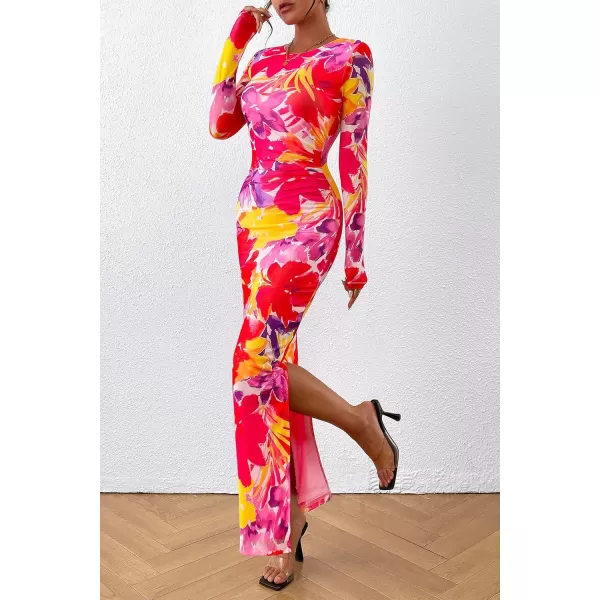 imagePRETTYGARDEN Womens Bodycon Maxi Dress Fall Fashion Long Sleeve Floral Print Tight Fitted Party Club Ruched DressesRed Purple Floral