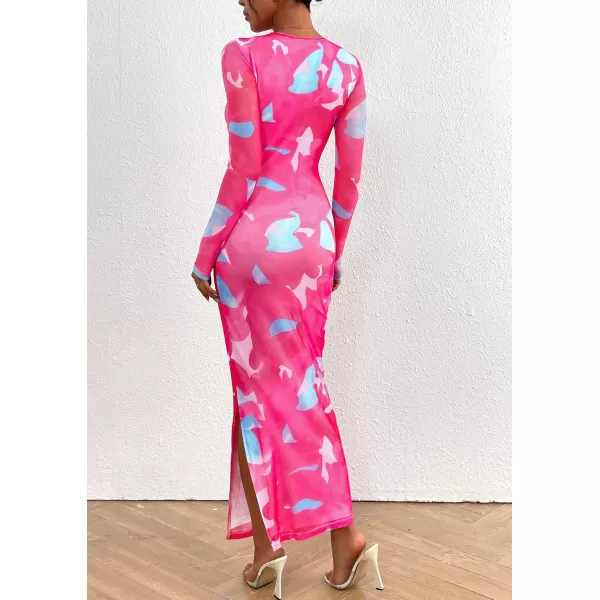 imagePRETTYGARDEN Womens Bodycon Maxi Dress Fall Fashion Long Sleeve Floral Print Tight Fitted Party Club Ruched DressesRose Red
