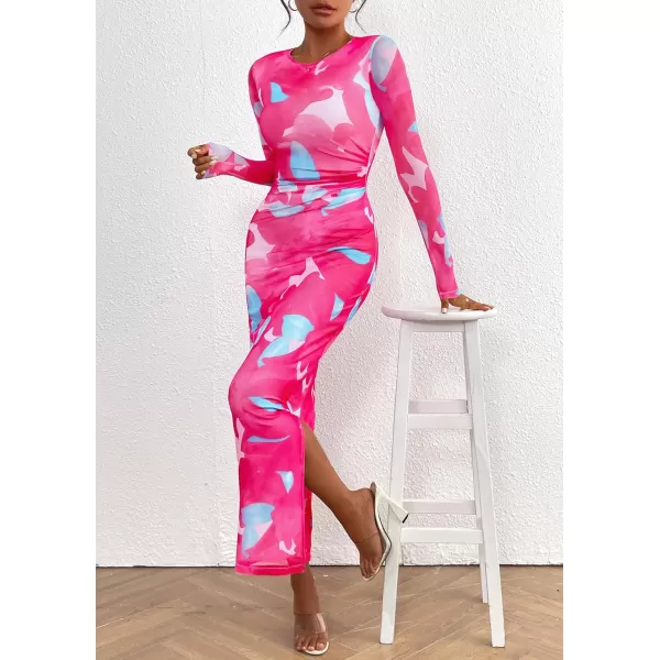 imagePRETTYGARDEN Womens Bodycon Maxi Dress Fall Fashion Long Sleeve Floral Print Tight Fitted Party Club Ruched DressesRose Red